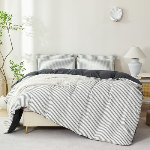 Image of Dark Grey Striped Comforter Set King - 3 Pieces Bedding Comforter Set for All Season, Soft Lightweight Washed Microfiber, 1 Striped Comforter and 2 Pillowcases (Dark Grey, King Size)