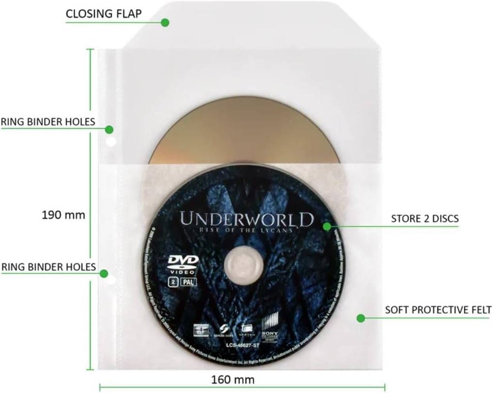 Tarifold DVD Protective Sleeve with Felt Insert, Holds 2 DVD Disc’s, Binder Holes, Space for Cover, Closing Flap, 50/Pack (10269)