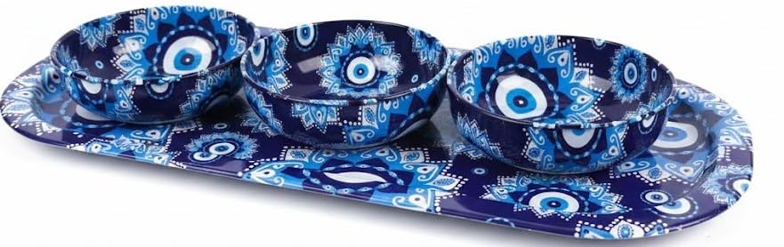 Çerezlik; 3'lü Nazar Boncuk Desenli ve Sosluk Seti, Metal Sunum Tepsili Mavi Desen Servis Kasesi Takımı, Atıştırmalık ve Kahvaltılık Sunum Seti