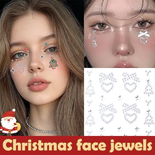 Image of NOOEPC Christmas Makeup Face Gems Hair Gems, Self-Adhesive Face Jewels Face Gems Stick on, 3D Christmas Elements, Christmas Tree Shape, Snowflakes, Rave Accessories for Face Eyes Makeup Body, Crafts