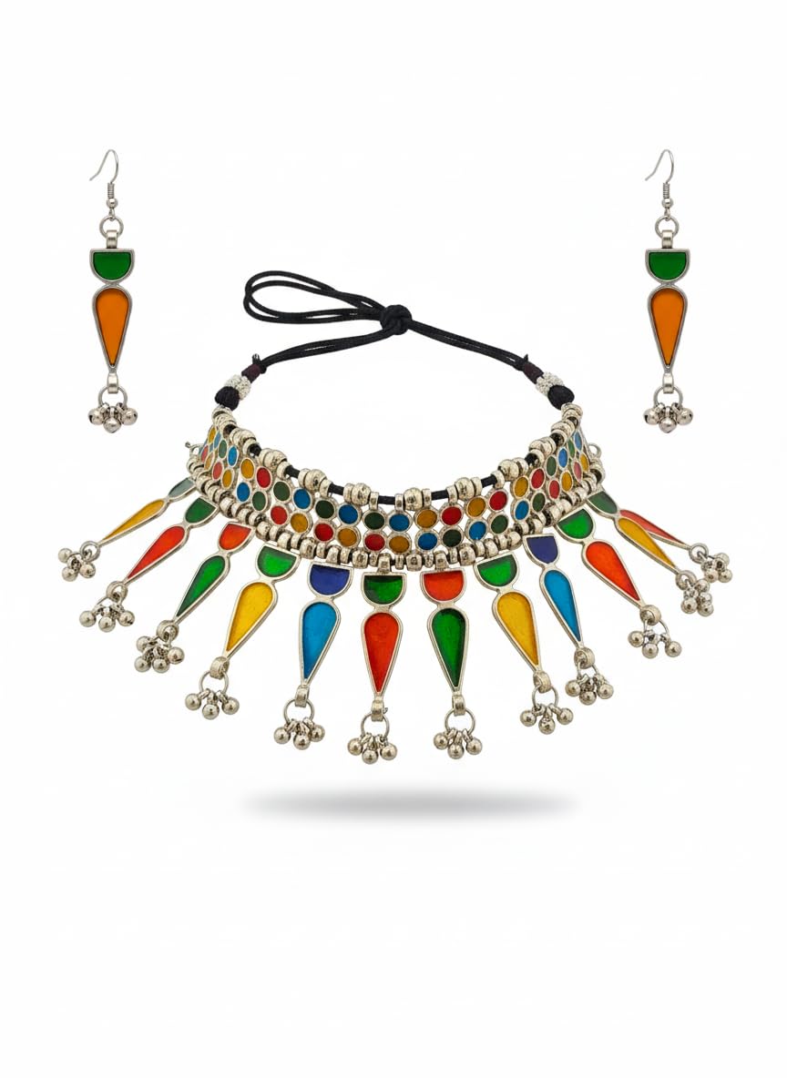 Multicolour Oxidised Silver Choker Necklace Set with Earrings, Traditional Tribal Mirror Finish Enamel Jewellery, Handmade Statement Ethnic Necklace for Festive-image-39