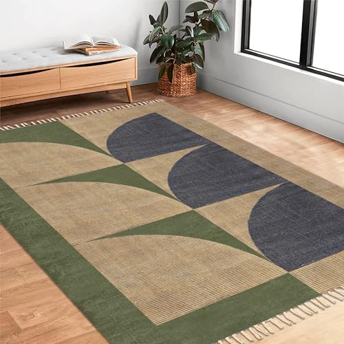 Tapis carré en coton Dhurrie lavable de style Kilim marron et bleu haute résistance