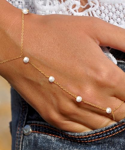 Dainty Hand Chain Bracelet for Women: 14K Gold Plated & Sterling Silver Pearl Ring Bracelet for Women Small Wrist Waterproof Simple Finger Bracelets Cute Trendy Chain Ring Everyday Jewelry4