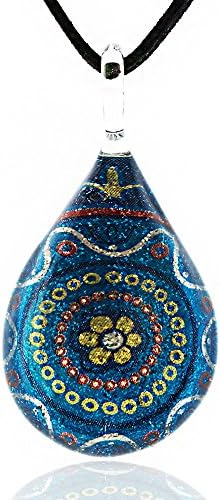 Chuvora Hand Blown Venetian Murano Glass Multi-Color Flower Mandala Art Pendant Necklace, 17-19 inches