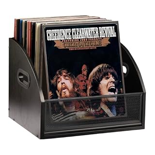 Vinyl Record Storage Holder, Wooden Record Crate for LP Albums, Magazine Rack and Book Holder for Desktop, Home Office, Shelf Organizer with Handles, Holds 70+ Records, Files, Books, Black - Les Beatles, Paul McCartney, John Lennon, RIngo Starr, George Harrison