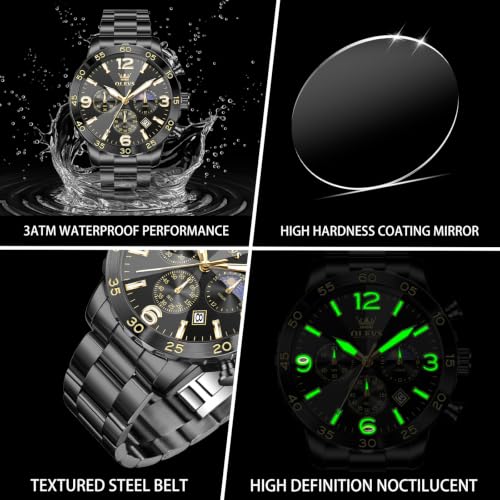 Image of OLEVS Men's Watches Luxury Chronograph Waterproof Dress Business Quartz Analog Stainless Steel Multifunction Fashion Watches with Date, Sun-noon Phase Big Dial 44mm, Luminous Hands Scales