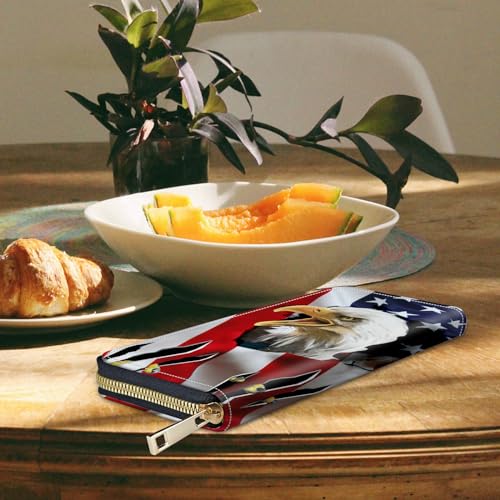Image of Women's Wallets,Credit Card Holder Money Leather Long Wallet with Wristlet,Large Capacity with Zip-Around Phone Purse for Women Ladies Girls,USA Flag Eagle