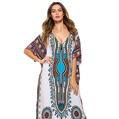 KOERIM Women Long Tunic Dress Cotton Kaftan Batwing 3/4 Sleeve Plus Size Summer Maxi Kaftan White