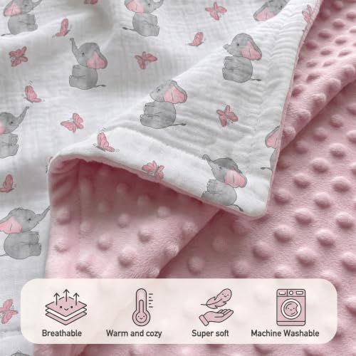 Image of GLLQUEN BABY Muslin Baby Blankets for Boys & Girls, 2-Layer Toddler Blanket | Cotton Top with Dotted Fleece Back, Soft Receiving Blanket for Nursery Stroller Crib, 30''x40'', Pink Elephant