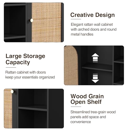 Image of Rattan Bathroom Wall Cabinet, Boho Medicine Wall Cabinets with Door and Adjustable Shelves, Tall Kitchen Wall Mounted Storage Cabinet, Floating Hanging Cabinet Space Saver for Laundry Room,Black
