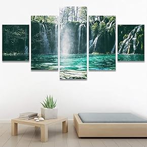SIGNWIN 5 Panel Canvas Wall Art Forest Waterfalls...