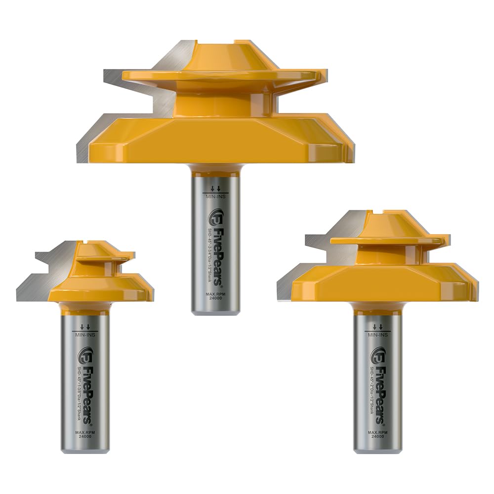 FIVEPEARS 45 Degree Lock Miter Router Bit, 1/2 Inch Shank, Timberlock, 3PCS Set, for 31/64", 3/4", 1", Cutting Height, Timberlock Router Bit