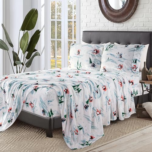 Elegant Comfort Luxuriously Soft 4-Piece Holiday Velvet Plush Flannel Sheet Set - Premium Quality - Cozy Warm, Christmas Fuzzy Velvet Flannel Fleece Deep Pocket Sheet Set - Full, Skiing Penguins