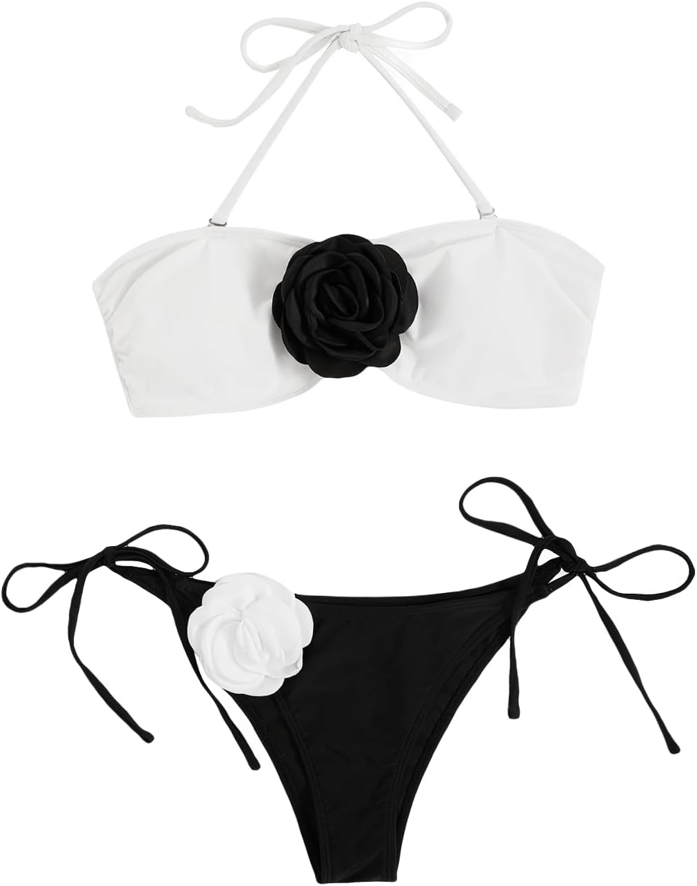 MakeMeChic Women's Colorblock 2 Piece Swimsuit Floral Applique Halter String Thong Bikini Sets Tie Side Bathing Suit Small Black and White