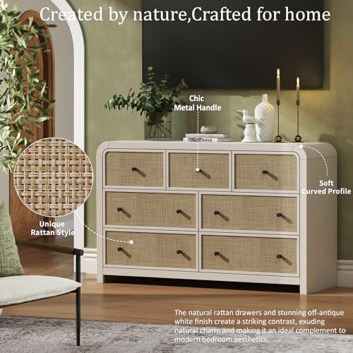 Image of Oak&Sparrow 7 Drawer Dresser for Bedroom, 49'' Rattan Dresser with Ample Storage, Boho Chest of Drawers, Thickened Curved Profile Design, Oak Dressers for Bedroom, Living Room