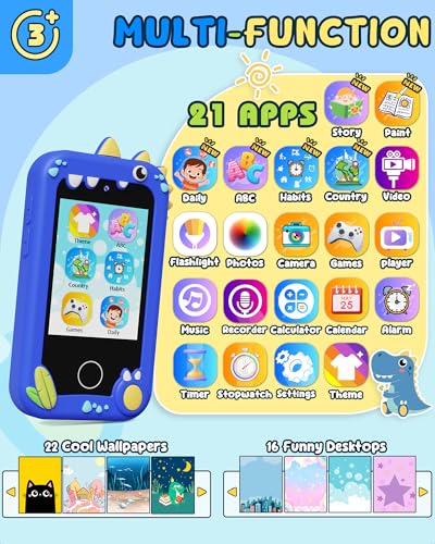 Image of UCIDCI Dinosaur Kids Smart Phone for Boy Dual Camera & Music Player Toddler Selfie Phone Toys Road Trip Toys with Learning Games, Christmas, Birthday Gifts for 3 4 5 6 7 Year Old Blue