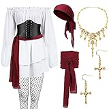 Xtinmee 7pcs Women's Pirate Costume Pirate Outfit Adult Blouse Corset Headband Belt for Halloween Cosplay Party(Medium)