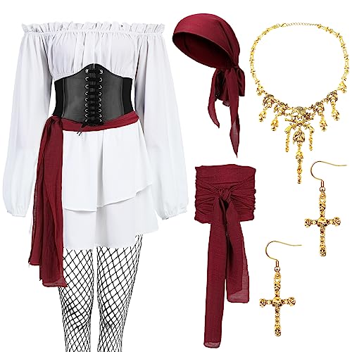 Xtinmee 7pcs Women's Pirate Costume Pirate Outfit Adult Blouse Corset