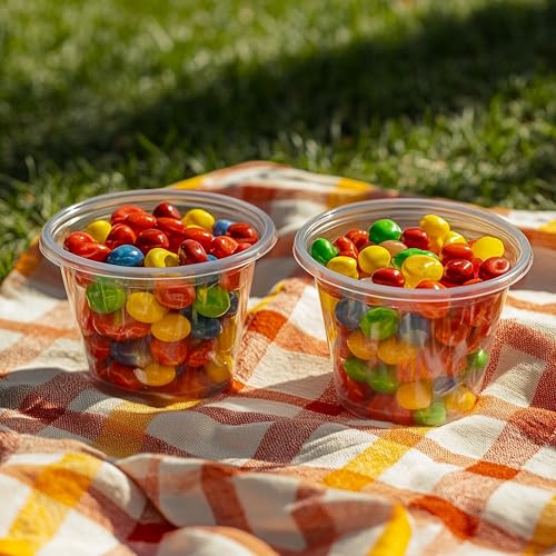 Image of TashiBox Plastic Portion Cups with Lids [5.5 oz-100 Sets] Souffle Cups, Jello Shot Cups, Condiment Sauce Containers For Sampling, Sauce, Snack or Dressing