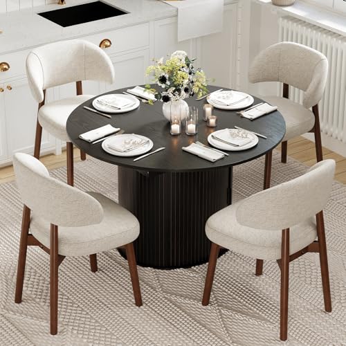 Image of MALOL 47 inch-63 inch Extendable Round to Oval Dining Room Table Chairs Set for 4-8, Modern Wooden Kitchen Table and Chairs with Hidden Storage and Fluted Design for Dining Room /Small Space(Black and Beige)