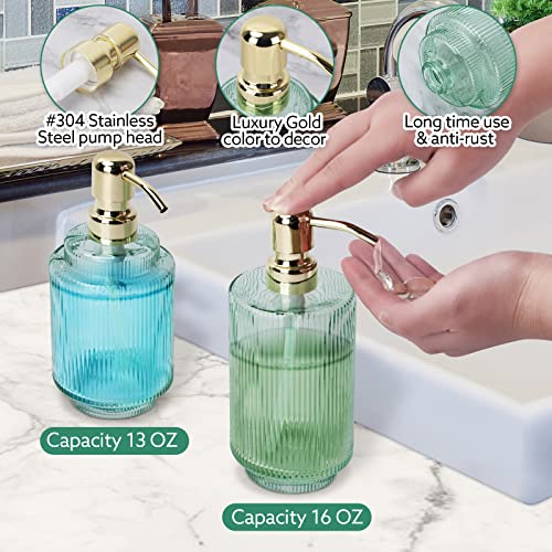 Bathroom Accessory Set,5 Pcs Modern Premium Glass Bath Accessories,Set Of 2 Lotion Soap Dispenser,Toothbrush Holder,Qtip Holder & Acacia Wooden Tray,Gift For Home Decor & Countertop Organizer,Green #TOP2