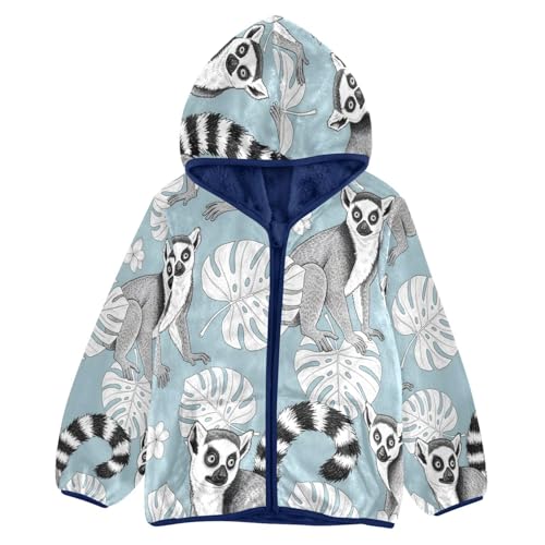 Lemur and Leaf Pattern Print Toddler Fleece Jacket Girl Boys Hooded Fleece Jacket Coat Warm Outwear Zip-up 3-10T