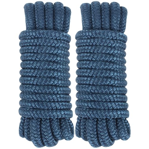 Dock Lines 15' x 3/8" Double Braided Marine Mooring Ropes 2 Pack, Boat Ropes for Docking with 12'' Eyelet Premium Dock Lines for Boats - Navy Blue