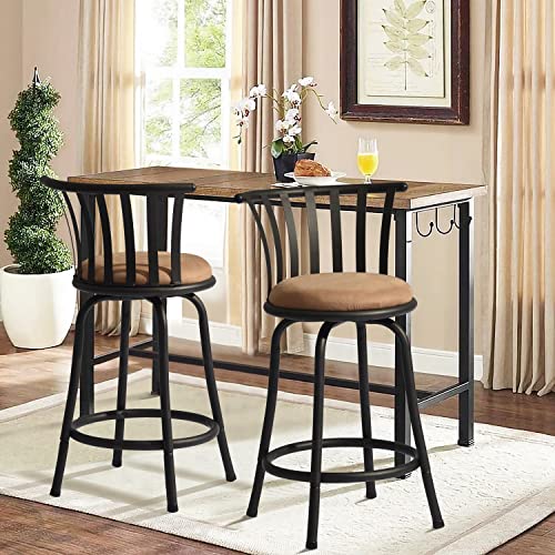 Furniturer 24 Inch Country Style Industrial Counter Bar Stools Set Of 2, Swivel Barstools With Metal Back, With Fabric Seat And Footrest For Indoor Bar Dining Kitchen, Brown #TOP20