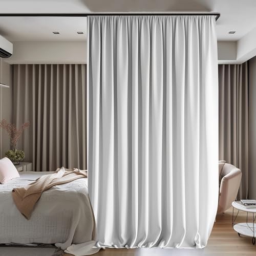 Image of Hoeflife Room Dividers Blackout Curtains With Ceiling Mount Track for Living Room Bedroom - 1 Panel W100 x H108 White Curtain and Black Track