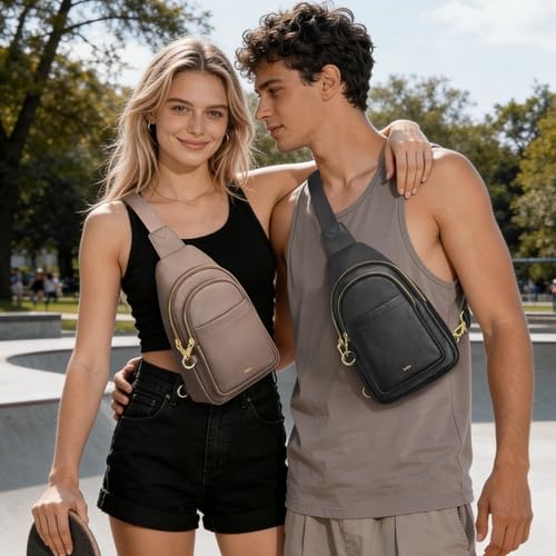 Image of Kattee Sling Bag for Women, Leather Crossbody Bag for Travel, Black | Top Grain Pebbled Leather. RFID back pocket, small chest bag fit 6.9-inch phone, fanny pack with adjustable strap.