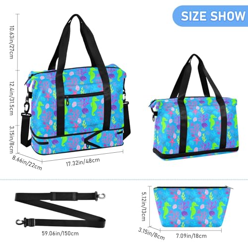 Seashell Starfish Blue Travel Duffel Bag for Women Men Gym Bag with Shoe Compartment Wet Pocket Carry On Weekender Overnight Bags for Hospital Gym Travel3