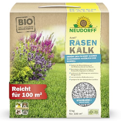 Neudorff Azet RasenKalk – Bio Rasenkalk erhöht den pH-Wert saurer Rasenböden schnell für einen kräftigen, grünen Rasen und beugt Moos vor, 5 kg für 100 m²