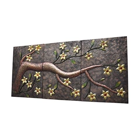 Yun&Lin Crafts Elegant Metal Back Anaglyph Yellow Flower Tree Hand-made Relief Wall Sculpture 3pcs/set, Metal Wall Art Decor Set for Indoor and Outdoor Settings, Holiday Wall Deco, Christmas Wall Art Cover