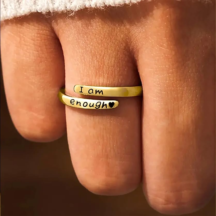 I am Enough Rings for Women, 925 Sterling Silver Inspirational Mantra Statement Open Ring for Men 14k Gold Plated Faith Over Fear Wrap Encouragement Adjustable Ring to Daughter Birthday Valentine's Day Jewelry Gift - Image 3