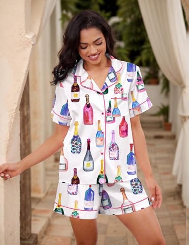 Image of SHESHOW Satin Pajamas for Women Set Preppy Animals Pjs Short Sleeve Shorts 2 Piece Loungewear Sets XS-XXL