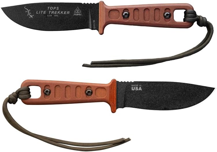 Tops Knives Lite Trekker Tan Full Tang fixed Blade- Black Traction Coating Blade Finish- Black Kydex Sheath w/Rotating Spring Steel Clip