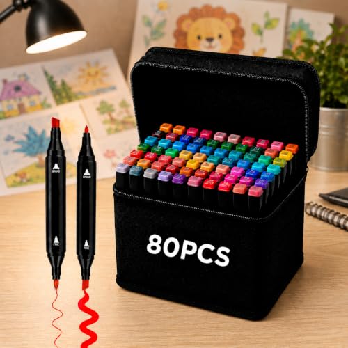 Kit 80 Canetas Marcador Permanente Ponta Dupla Para Colorir, Pintura, Estojo Organizador Artista Canetinhas Coloridas para Desenho Infantil Profissional Escolar Hidrográficas Alcool