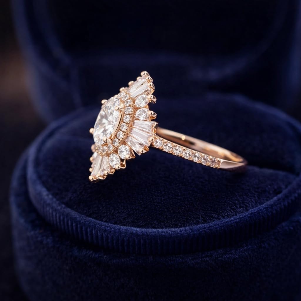 Oval Cut Moissanite Engagement Ring for Women 18K Rose Gold Halo Ring with Baguette & Round Diamond Accents Art Deco Vintage Bridal Ring Gift for Her