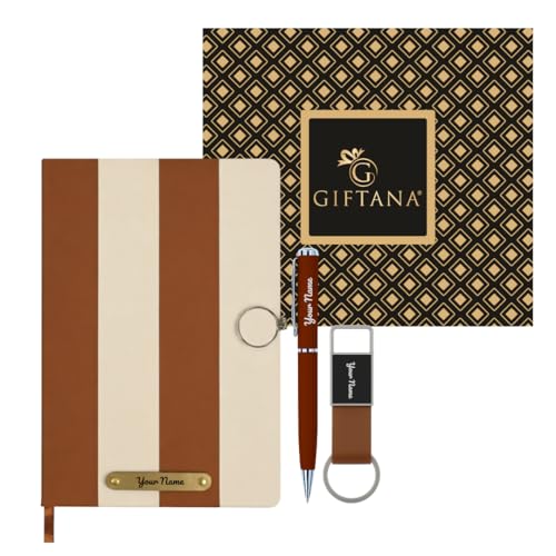 Image of Giftana 3 in 1 Personalized Diary with Pen and Keychain Gift Set for Men & Women, Leather Hardcover Diary, Customized Notebooks Diaries for Office, Employee Welcome Kit, Corporate Gifts for Employees (Brown)