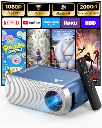 Mini Projecteur Video 4K 1080P Supporte, Videoprojecteur Portable avec WiFi et Bluetooth 5.4, Retroprojecteur de Cinéma D'extérieur, Projecteurs Vidéo avec...