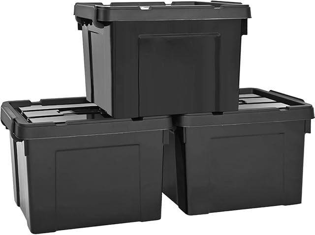 HOHAOO Storage Boxes,Set of 3 80L Heavy Duty Stackable Storage Boxes Nestable Black Plastic with Lids and Box Clip Locked for Shelves and Garage