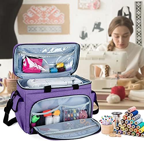 CURMIO Sewing Machine Carrying Case with Bottom Base Feet Pad, Universal Sewing Machine Tote Bag Compatible with Most Standard Sewing Machine and Accessories, Purple