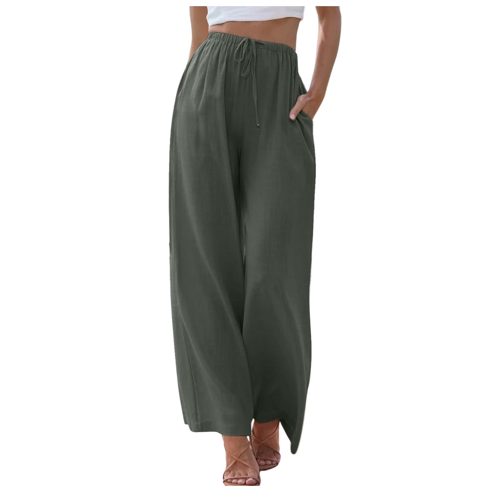 Womens Pants Trendy Casual Drawstring Straight Leg Pants Linen High Waisted Trousers Lounge Lightweight Slacks