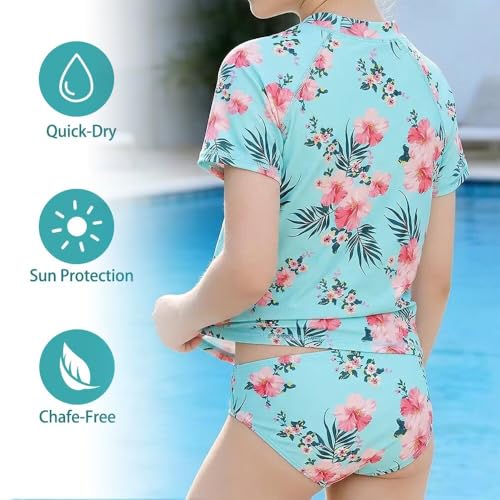 Image of Girls Two Piece Swimsuits Short Sleeve Rash Guard Swim Shirt Bikini Bottom Swim Set Bathing Swim Set Swimwear 3-16 Years