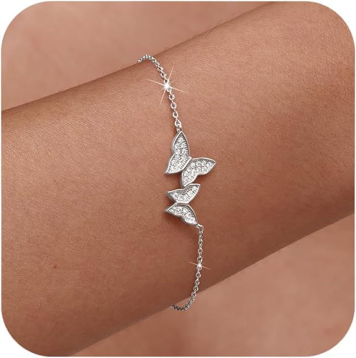 925 Sterling Silver Double Butterfly Bracelets for Women Dainty Gold Plated CZ Insect Link Bracelet Distance Matching Chain Bracelet Valentines Jewelry Gifts for Best Friends Sister