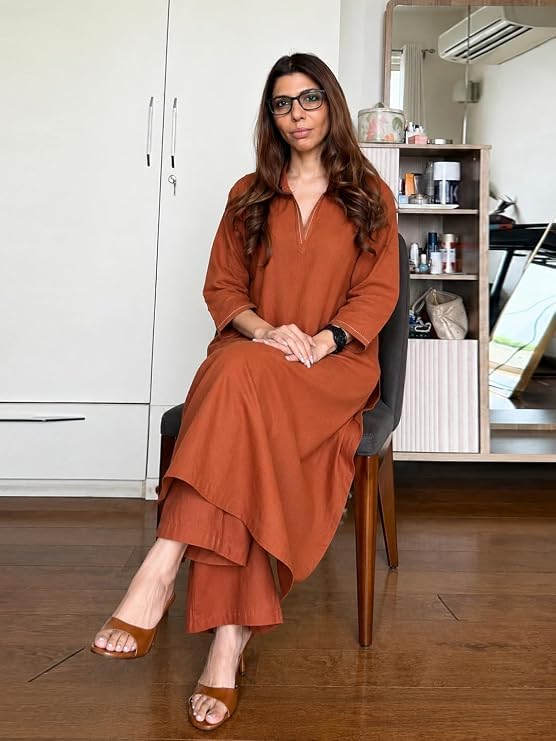 Image of ANNI Designer Cotton Blend Solid Straight Kurta with Palazzo for Women | Cotton Blend Rust | 3 /4 Sleeve | Shirt Collar | Ethnic Wear Casual Wear