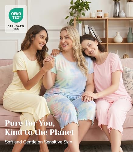 Image of NACHILA Women's Bamboo Viscose Pajama Sets Summer Cooling Short Sleeve Capri Soft Pjs Night Sweats Moisture Wicking Sleepwear