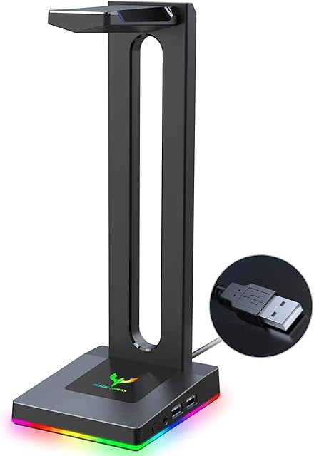 Blade Hawks RGB Gaming Headphone Stand with 3.5mm AUX and 2 USB Ports for PC, Durable Headset Stand Holder for Bose, Beats, Sony, Sennheiser, Jabra, JBL, AKG, Fancy Gaming Accessories - HS18