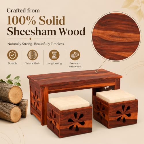 Image of Solid Sheesham Wooden Coffee Table with 2 Cushioned Stool|Teapoy Center Piece for Home Sofa Center Table for Living /Drawing Room,Hall|Space Saving Tea Table Set(Honey Finish) Floral Jali