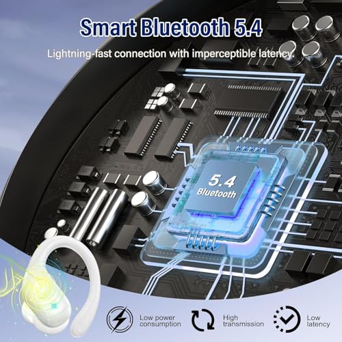 Image of Qecnato Wireless Earbuds Bluetooth 5.4 Headphones 75H Stereo Deep Bass Sports Over Ear Buds with Earhooks, LED Display Bluetooth Earbuds with 4 ENC Mic, IP7 Waterproof Earphone for Running, White